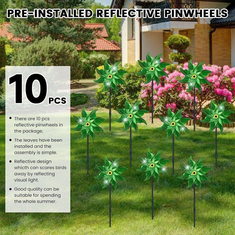 DECEED 10 PCS Reflective Pinwheels for Yard and Garden Bird Devices Pre-Installed Sparkly Wind Spinner Deterrent to Scare Birds Away from Yard Patio Farm (Green) - Image 3